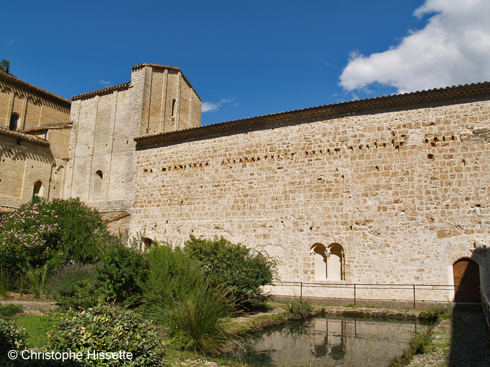 Basin and column of the Abbey of Gellone (UNESCO World Heritage - Camino de Santiago), Saint-Guilhem-le-Désert, France
